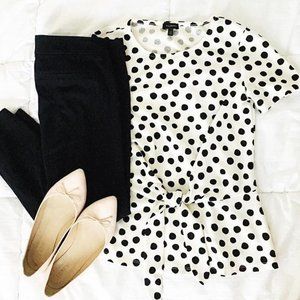 Talbots super cute peplum top, white with black polka dots and tie front